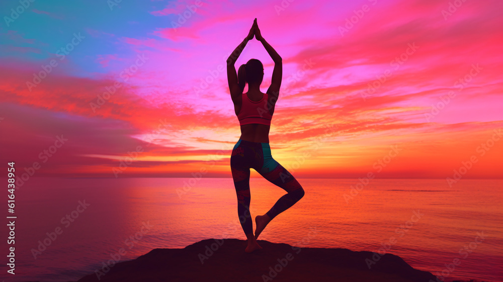  Silhouette of a woman doing yoga on a beach during sunset 