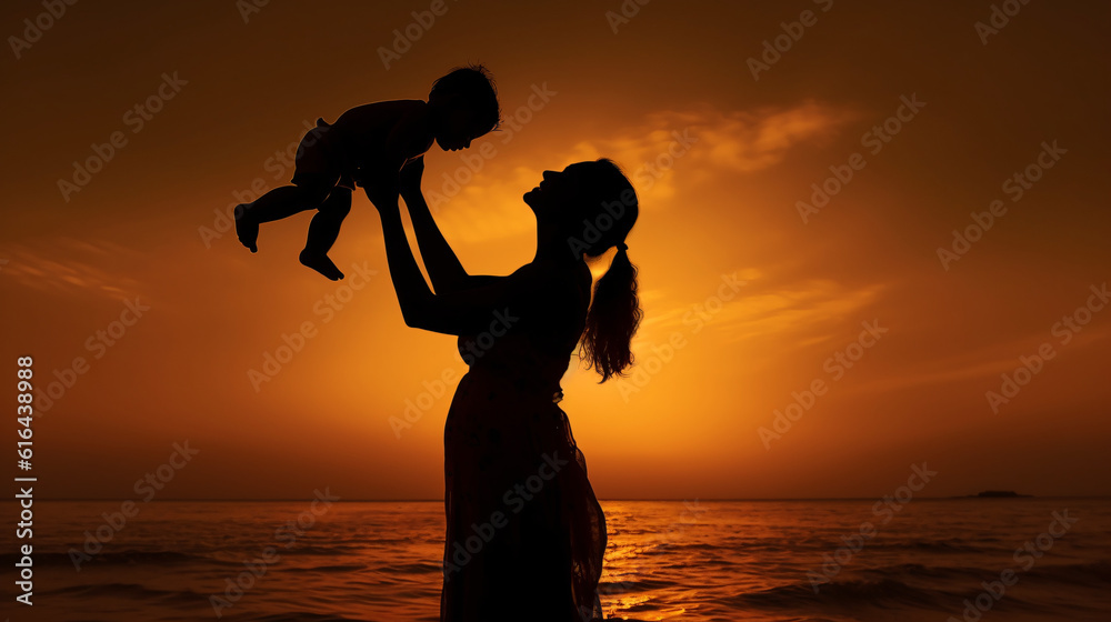 Silhouette of mother and child playing on a beach during sunset 