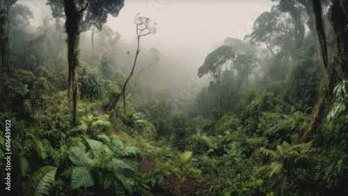 panorama of the rainforest tree tops in the fog. Generative AI