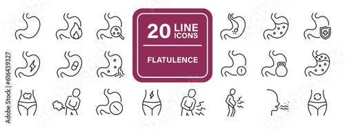 Flatulence, stomach, ache, gastroenteritis line icons. Editable stroke. For website marketing design, logo, app, template, ui, etc. Vector illustration.