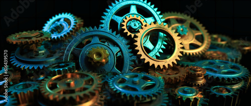 blue gears are seen on a black background