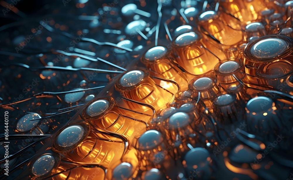 Fototapeta premium Detailed glowing illuminated circuit patterns made of metal and glass. Generative AI.