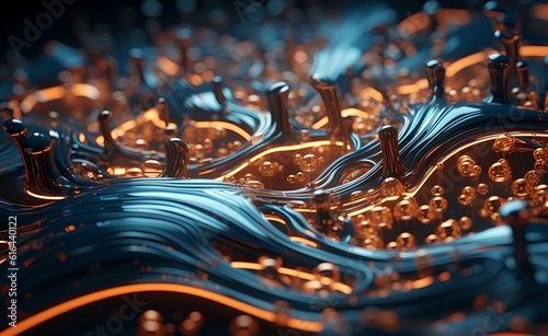 Detailed glowing illuminated circuit patterns made of metal and glass. Generative AI.