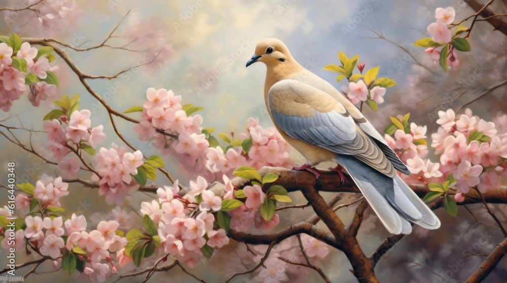 Serene Perch: A Dove Amidst Blooms and Foliage