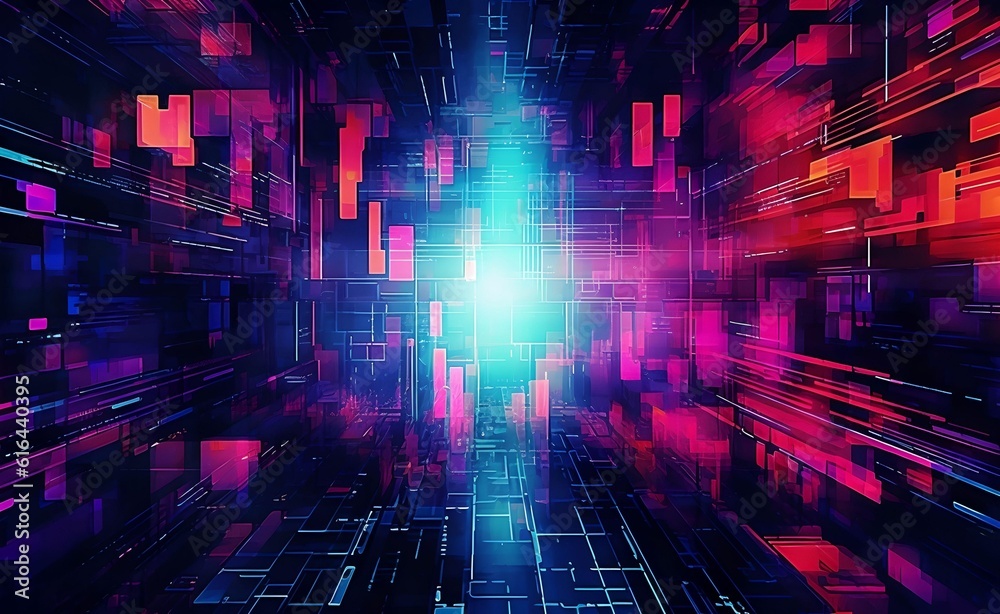 Abstract background with interlaced digital glitch and distortion effect. Futuristic cyberpunk design. Generative AI.