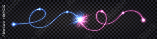 Electric discharge collision,wavy swirl cable,  blue vs pink shock effect., glowing lightning thunder bolt. Electric light flash, power wire impulse. Swirl wavy cable. Isolated. Vector illustration