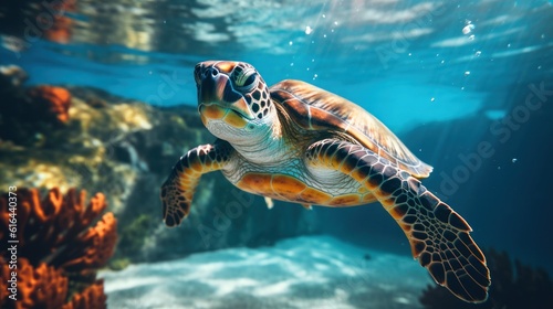 A Turtle Glides Through the Blue Depths, Embracing the Serenity of the Vast and Tranquil Ocean Waters.