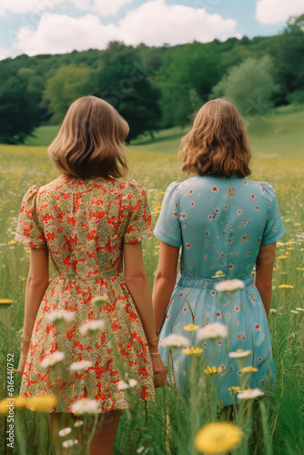 two female friends from the back / lesbian couple editorial photo shoot standing in surreal nature postcard setting in vintage clothes and retro colors ai generated art	 photo