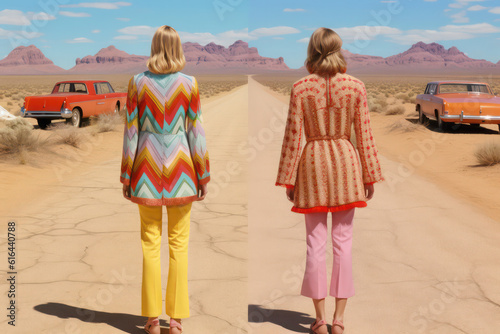 two female friends from the back / lesbian couple editorial photo shoot standing in surreal nature postcard setting in vintage clothes and retro colors ai generated art 