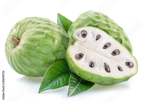 Custard apples or cherimoya fruits and slice of fruit isolated on white background.