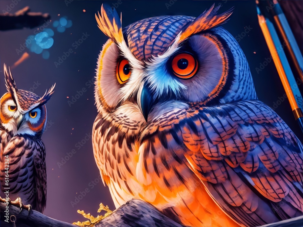 A Mystic Dreamy Owl. Dreamy Night Watcher. Colorful Abstract Owl.