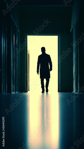 The man is walking through the corridor in darkness