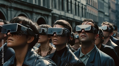 A crowd of people wearing virtual glasses