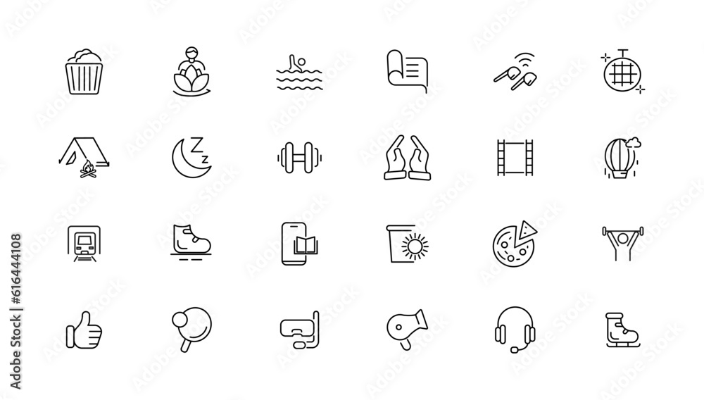 Hobby and recreation linear icons collection.Set of thin line web icon set, simple outline icons collection, Pixel Perfect icons, Simple vector illustration