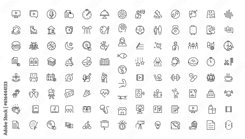 Hobby and recreation linear icons collection.Set of thin line web icon set, simple outline icons collection, Pixel Perfect icons, Simple vector illustration