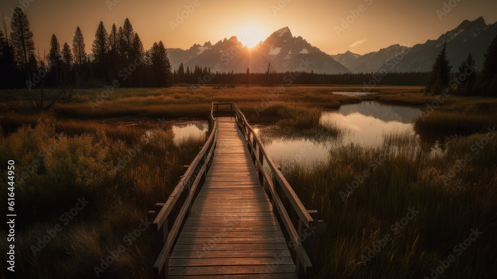 Sunset over Taggart Lake and Grand Teton Mountains in Wyoming, USA, with a footbridge in the foreground. Generative AI