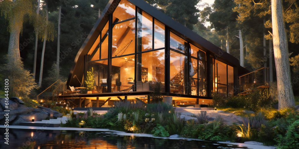Fototapeta premium a modern glass and wood house standing in the forest
