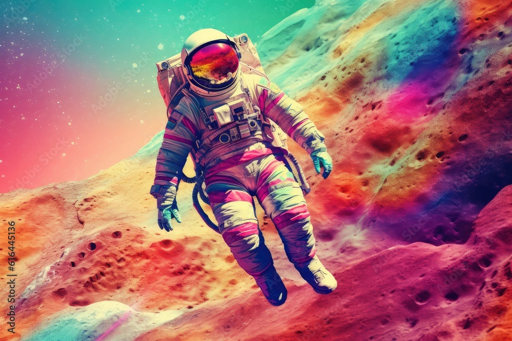 astronaut's leap, defying gravity and landing on a colorful planet amidst a breathtaking rainbow backdrop.