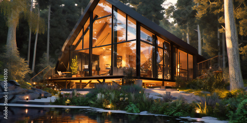 a modern glass and wood house standing in the forest