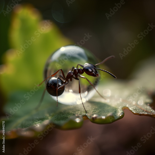 A yellow ant gracefully traverses a vibrant green leaf, while a mesmerizing bubble hovers nearby. In the background. AI generated © Varaporn