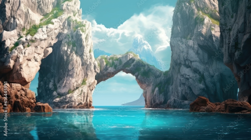 It is a natural arch formed by high cliffs among the blue waters of the sea. It shows the magnificent harmony of the sea and the mountains. Created with Generative AI.