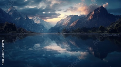 Reflection of a lake at the foot of the mountains in the evening. It represents a natural environment in silence and peace. Created with Generative AI.