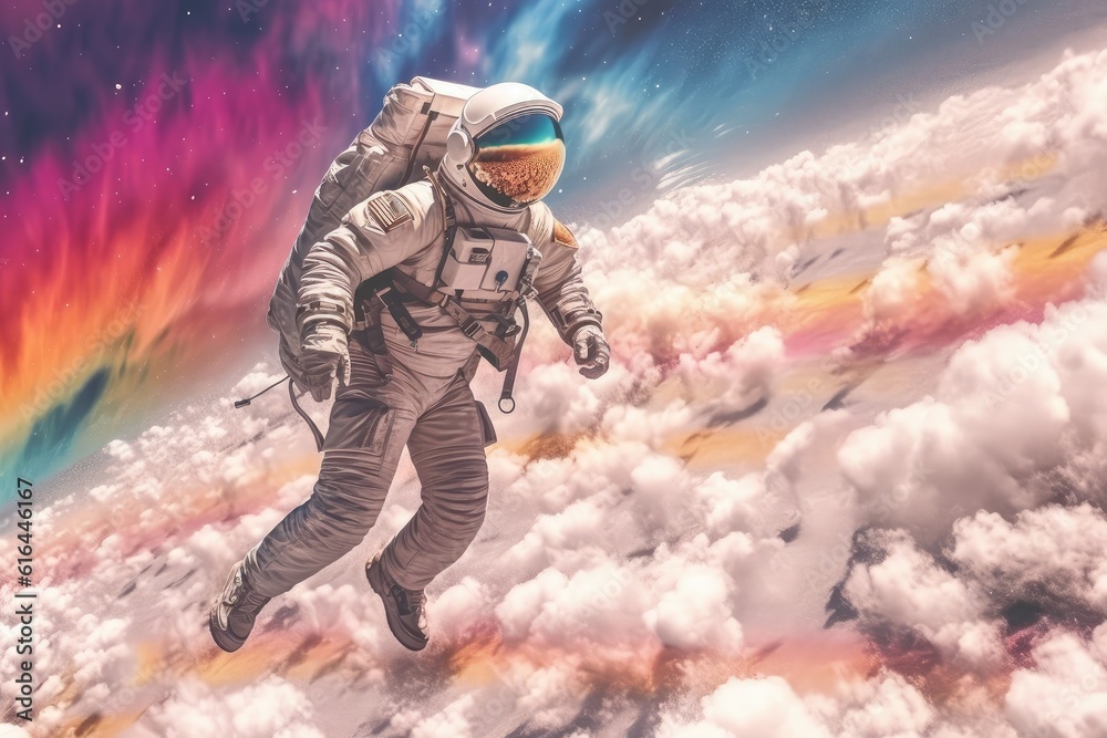 spaceman and a vivid rainbow in this extraordinary artwork