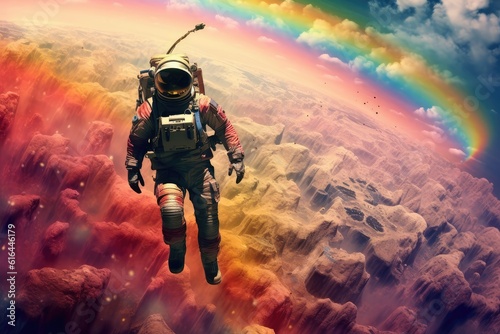 spaceman and a vivid rainbow in this extraordinary artwork