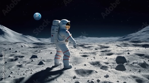 An image of a person dressed in an astronaut suit walking on the lunar surface in virtual reality. Created with Generative AI.