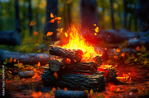 a campfire with logs and leaves growing around it