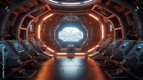 A scene in a VR game where a user is in a spaceship. It shows the future potential of adventures and exploration in outer space. Created with Generative AI.