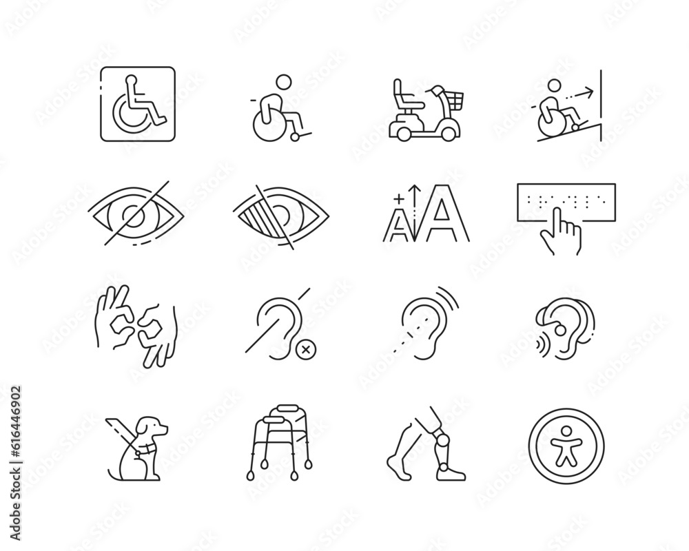 Disability and Accessibility Icon collection containing 16 editable stroke icons. Perfect for logos, stats and infographics. Edit the thickness of the line in any vector capable app. Disability and Accessibility Icon collection containing 16 editable stroke icons. Perfect for logos, stats and infographics. Edit the thickness of the line in any vector capable app.