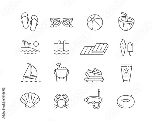 Summer Holiday Vacation Icon collection containing 16 editable stroke icons. Perfect for logos, stats and infographics. Edit the thickness of the line in any vector capable app.