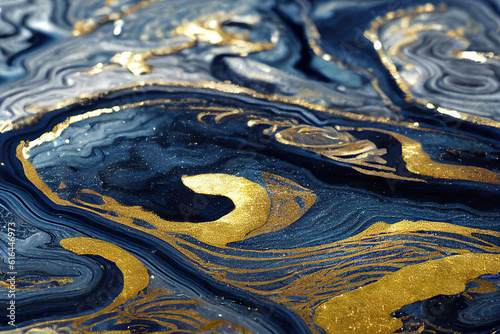 Blue and golden acrylic liquid ink swirl abstract background with ravishing turbulence wavy pattern and detailed texture. Luxury fluid liquid art by Generative AI.