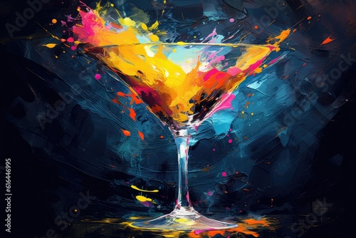 Martini glass. The bold and vibrant colors of the drink pop against the dark background