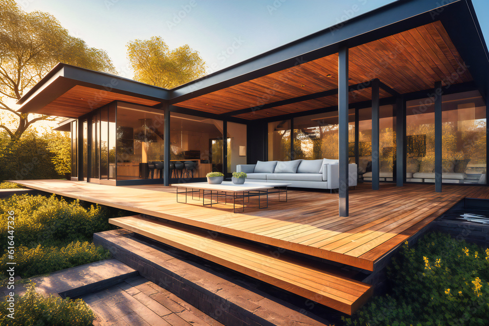 Fototapeta premium an outdoor living area with a modern house and a large deck