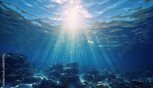 Underwater paradise, where the golden rays of the sun pierce through the depths, casting an ethereal glow on the ocean floor