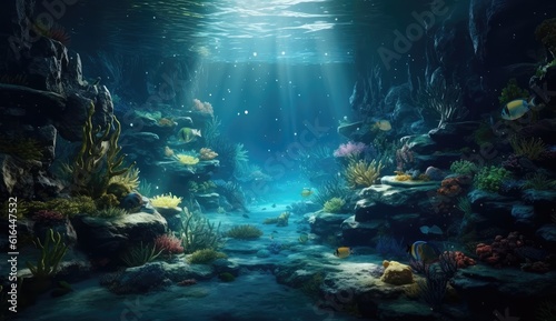 Underwater paradise, where the golden rays of the sun pierce through the depths, casting an ethereal glow on the ocean floor