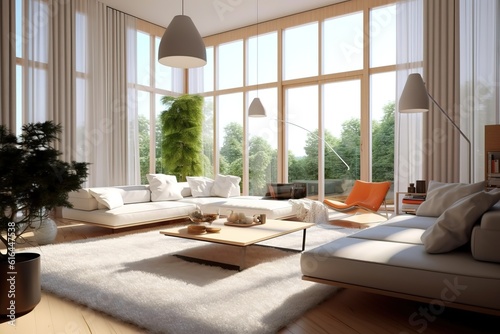 Modern interior with white sofa panorama 3d render Generative AI