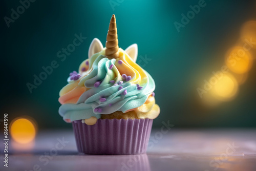 Cupcake with pastel colored frosting and unicorn horn and ears. 