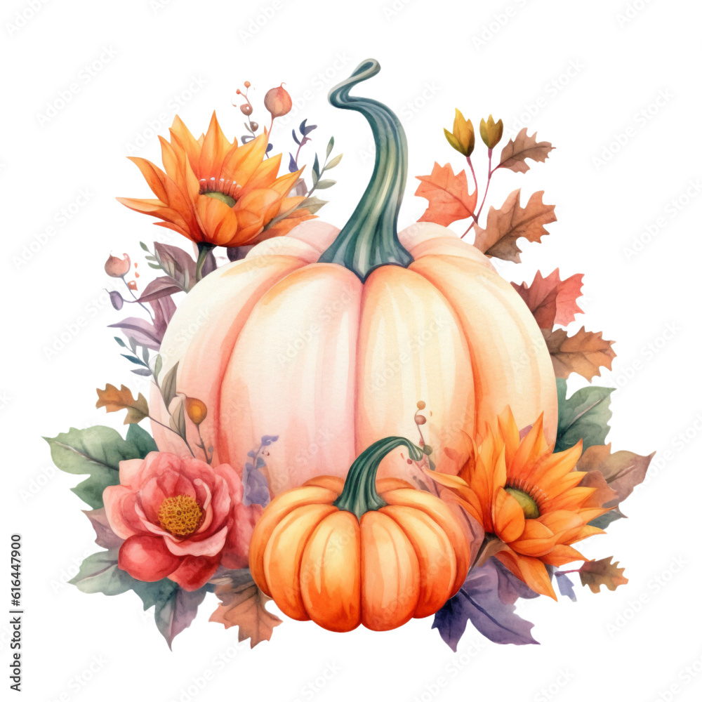 Fall Autumn Watercolor Pumpkin Clip Art, Fall Autumn Watercolor Illustration, Flowers Sublimation Design, Flower Clip Art