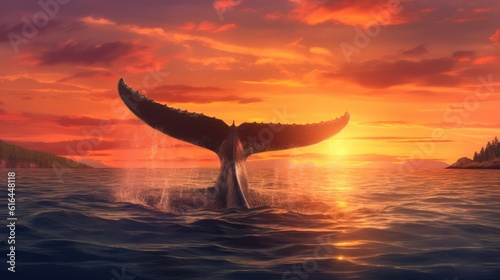 whale's tail breaking through the surface of the ocean, illuminated by the vibrant colors of a radiant sunrise