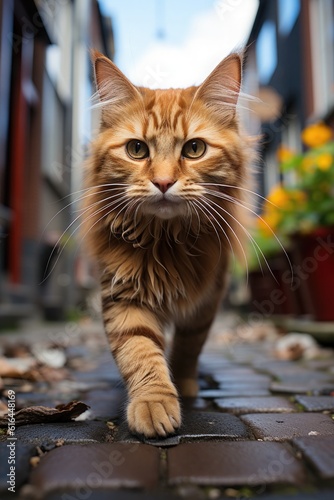 a gignger cat walking down a street photo