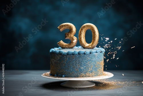 Luxurious birthday cake in a minimalist style with gold icing topped and decorated with a number thirty on a blue background. Copy space. Generative AI