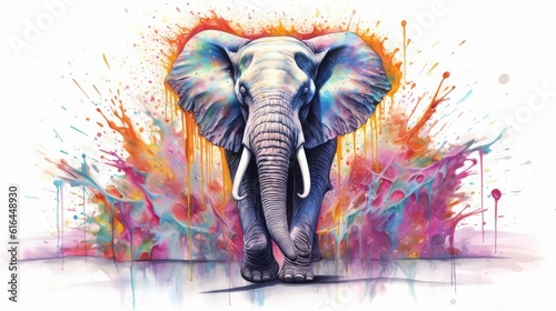 Colorful elephant painting with watercolor and dripping paint