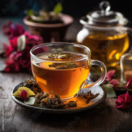 Cup of hot tea and tea leaf on the wooden table.