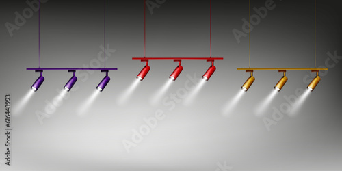 Modern track light. Hanging rotating spot light. Pendant interior spotlight. Metal lamp. Color set. Realistic vector illustration