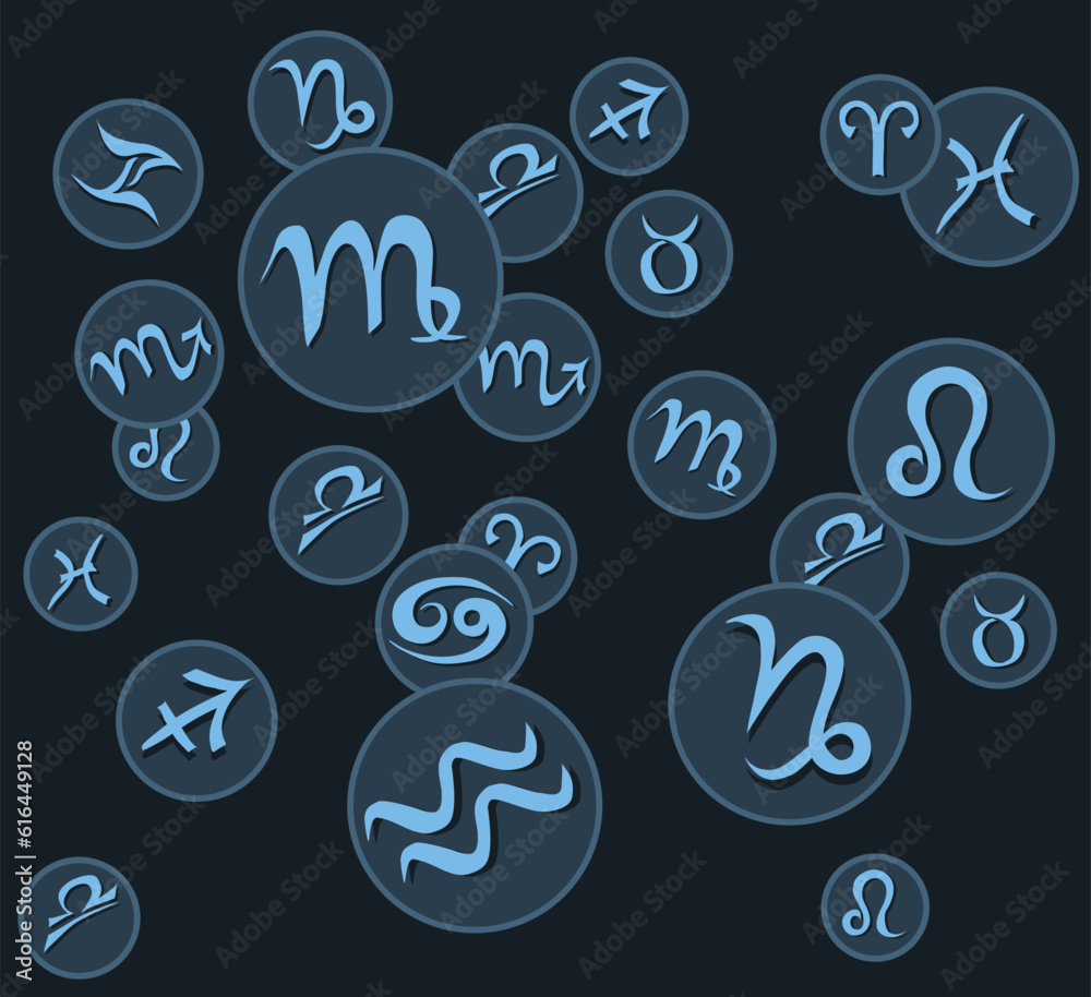 Pattern of the signs of the zodiac on a dark blue background. Light composition of flying star logos. Pattern of the signs of the zodiac on a dark blue background. Light composition of flying star logos.
