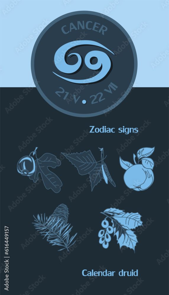 Zodiac sign Cancer from June 21 to July 22. Horoscope logo on a blue