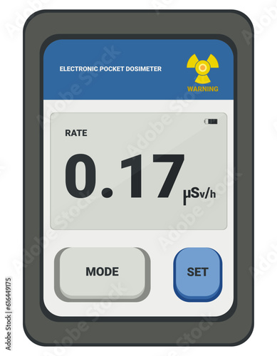 Medical equipment, electronic pocket dosimeter digital X-ray and gamma-ray Personal for radiologists, mainly used to estimate the radiation dose accumulated in a person wearing the device. Flat design photo